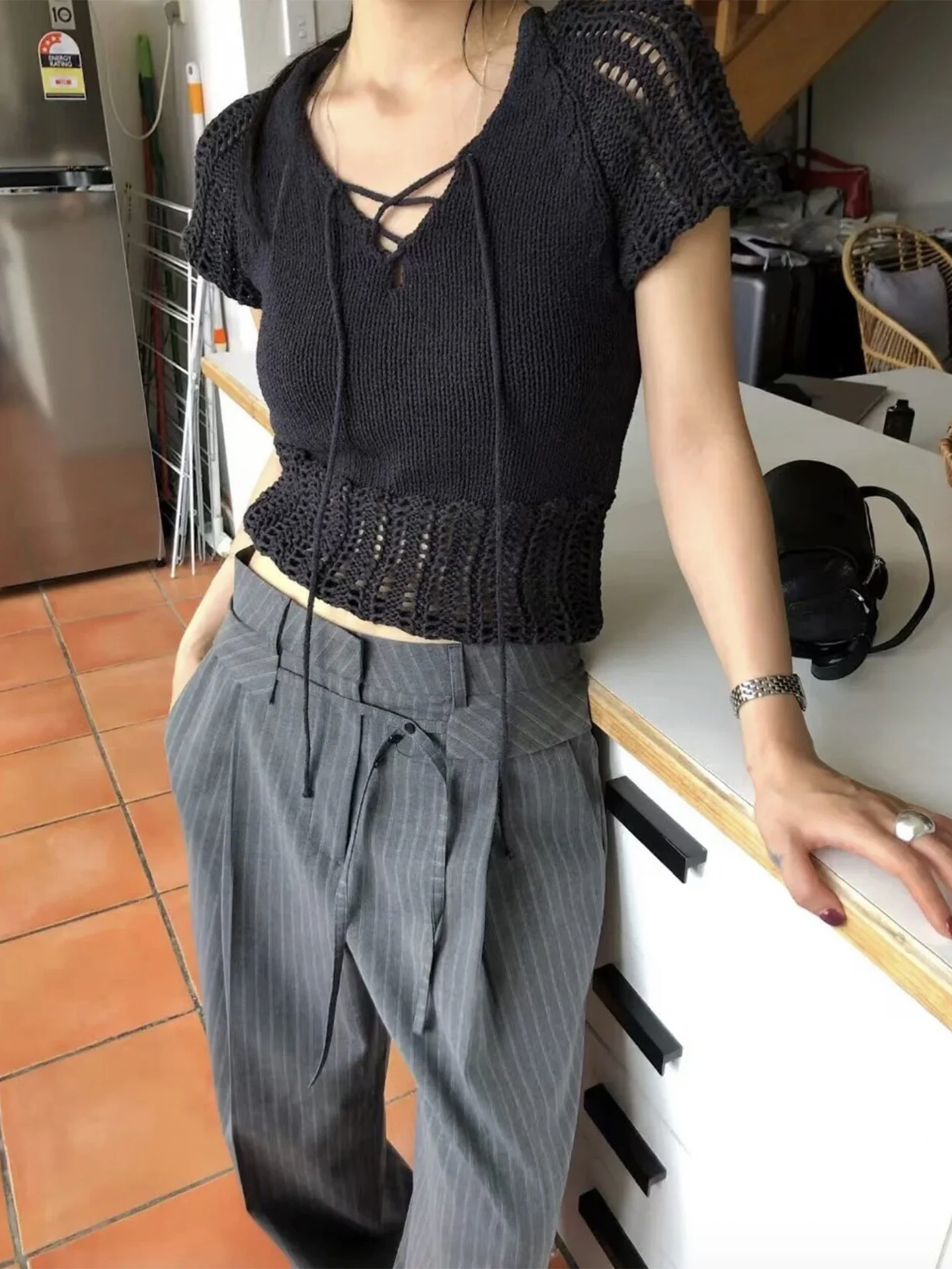 Korean Style Cross Strap Hollow Short Sleeve Knitted Top Women Summer Design Slimming Short Length Small Shirt Upper Body
