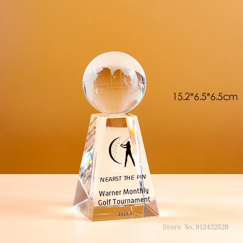 Crystal Trophy for Sports Event, Customized Enterprise Awards, Excellent Employee Team Trophies, Earth Golf Ball, Trapezoid, 1PC