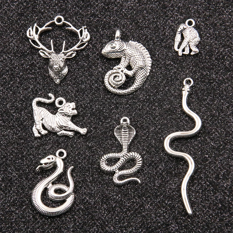 10PCS 7 Styles Mixed Alloy Antique Snake Monkey Tiger Lizard Deer Charms For Jewelry Making DIY Handmade Animal Pendant