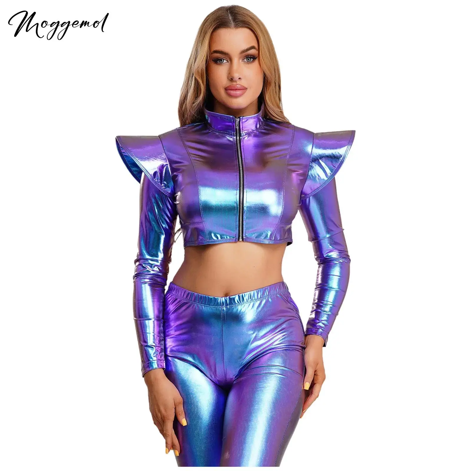

Womens Metallic Crop Jacket Space Alien Cosume Long Sleeve with Structured Shoulder Boards Stand Collar Front Zipper Crop Top