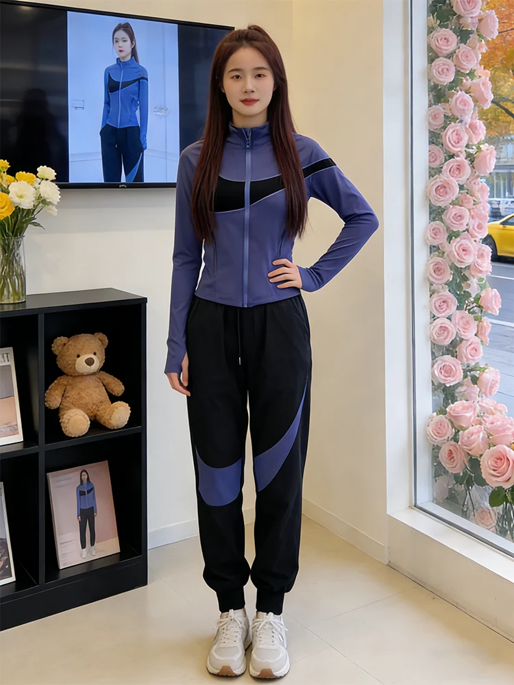 

Женский спортивный костюм Color-Blo для активного отдыха, весна-осень, быстросохнущий, из двух частей, с высокой талией, длинные брюки, для бега и тренировок