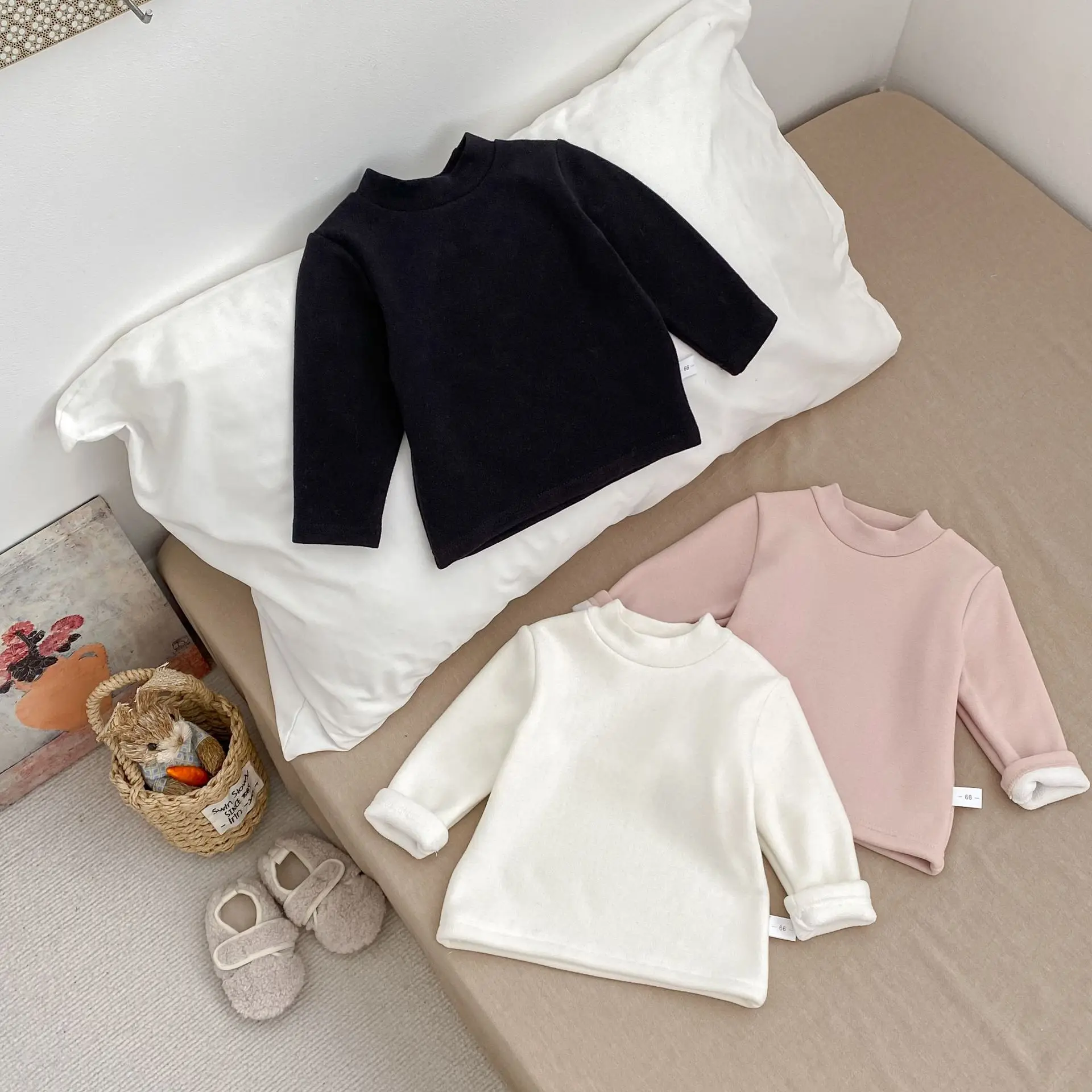 

2025 Winter Children Clothes Kids Fleece Lined Solid Color Long Sleeve T-Shirt Warm Inner Wear Top for 0-5Y Boys Girls
