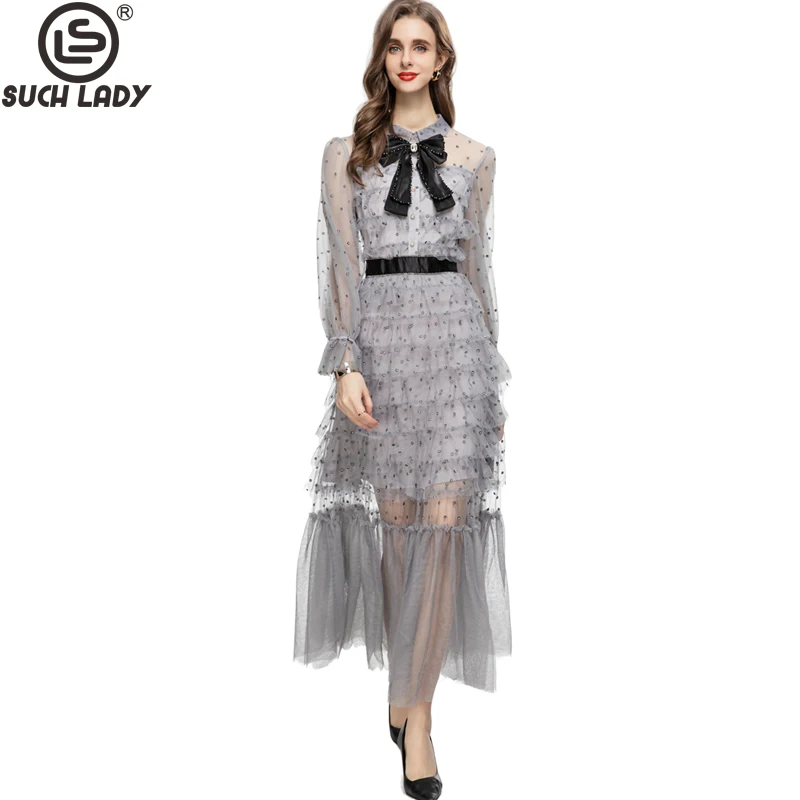 

Women's Runway Dresses Turn Down Collar Bow Detailing Sequined Tiered Ruffles Elegant Designer Vestidos