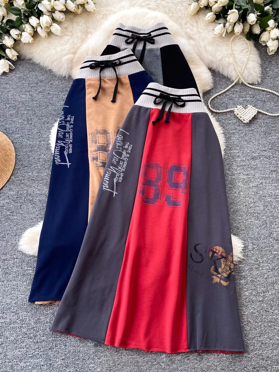 

Korean Style Splice A-Line Printed Casual Commuter Skirt Women's High Waist Slimming Letter Print Midi Skirt for City Commuting