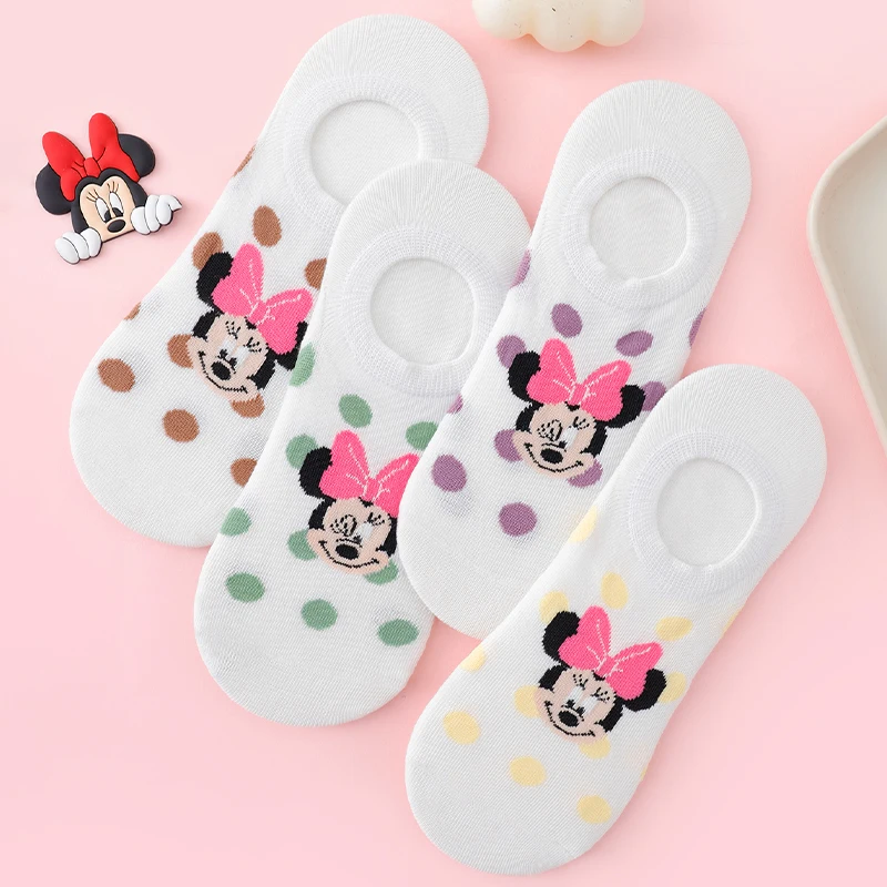 

4 Pairs of Fashionable Sweet and Cute Cartoon Minnie Pattern Invisible Socks With Polka Dot Print for Women's Anti Slip Socks
