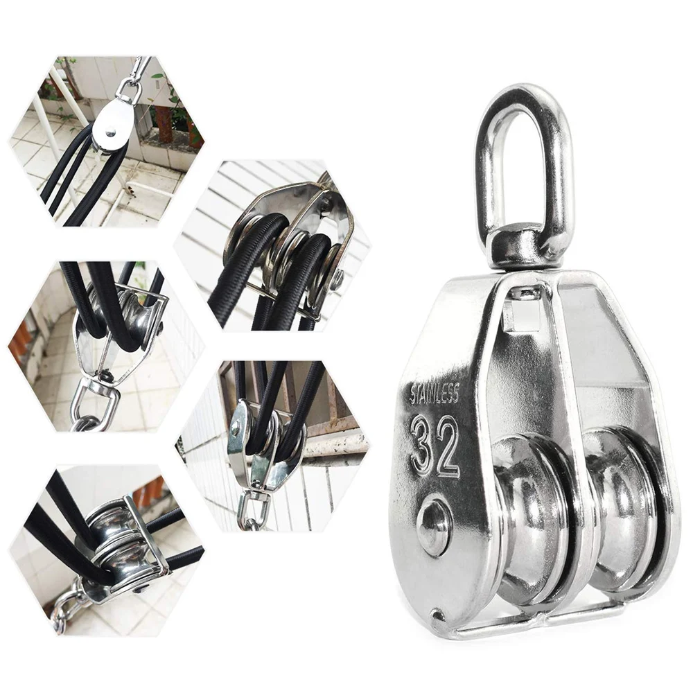 1PCS M32 Lifting Double Pulley Stainless Steel Heavy Duty Double Wheel Swivel Lifting Rope Pulley Block