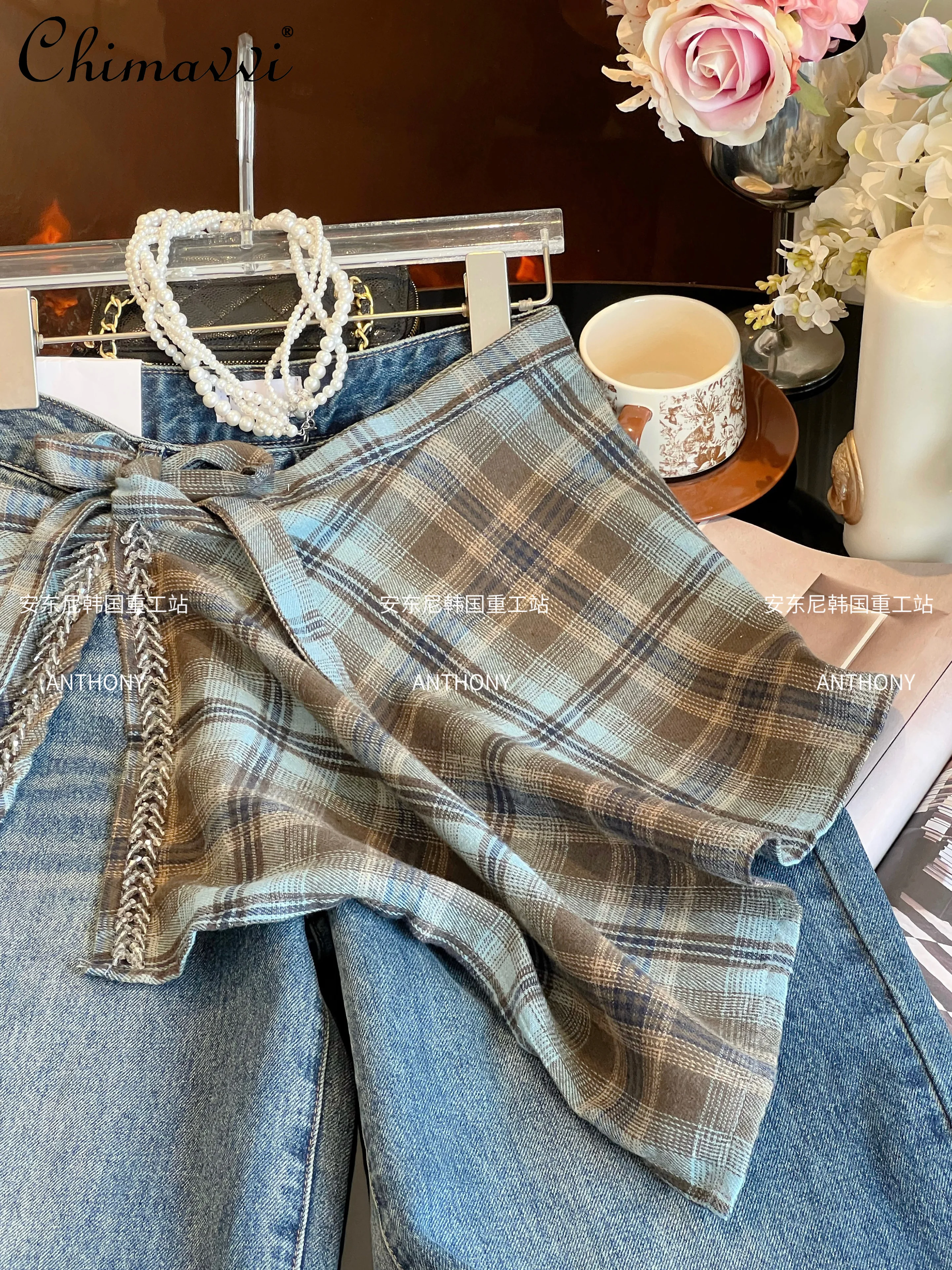 2025 가을 신상 헤비 다이아몬드 플래드 스커트 커튼 패치워크 청바지 여성 패션 루즈 슬리밍 레트로 스트레이트 팬츠