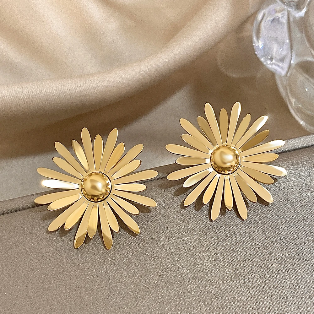 Flashbuy Trendy Daisy Stainless Steel Stud Earrings For Women New Statement Earrings INS Jewelry