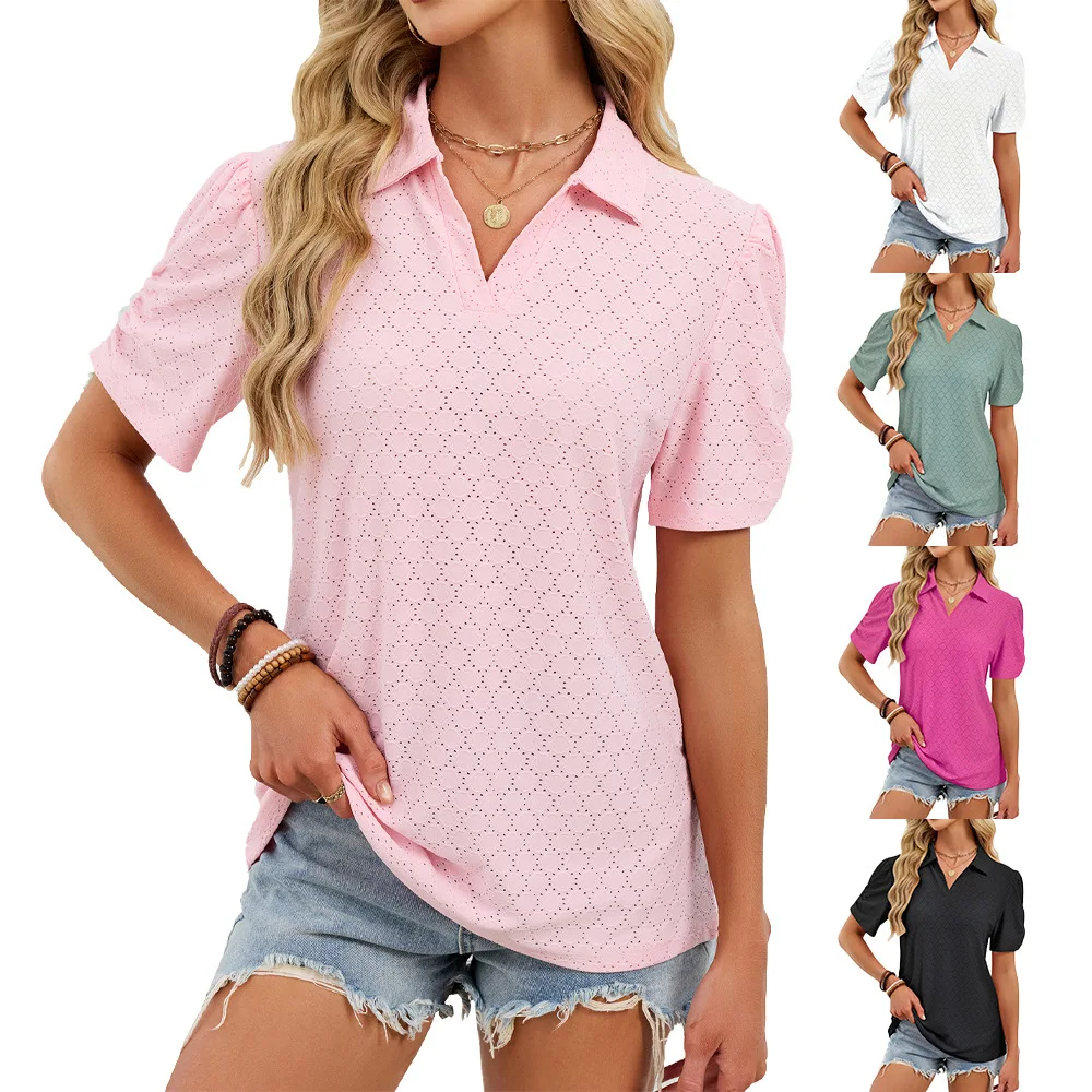 

Solid Casual Loose Blouses For Women Fashion 2026 Summer Women's Oversized Shirts Loose Lapel Puff Short Sleeve Shirt Female Top