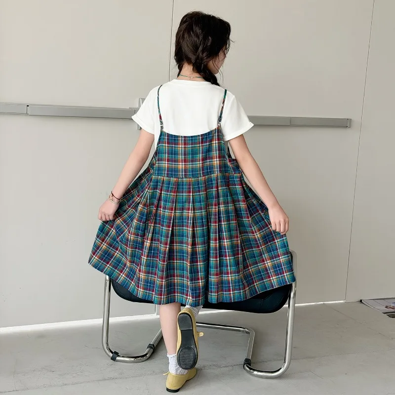 Girls Suit Summer 2026 White Short Sleeve T-Shirt And Plaid Spaghetti Strap Dress Two Piece Set Casual Children's Clothing