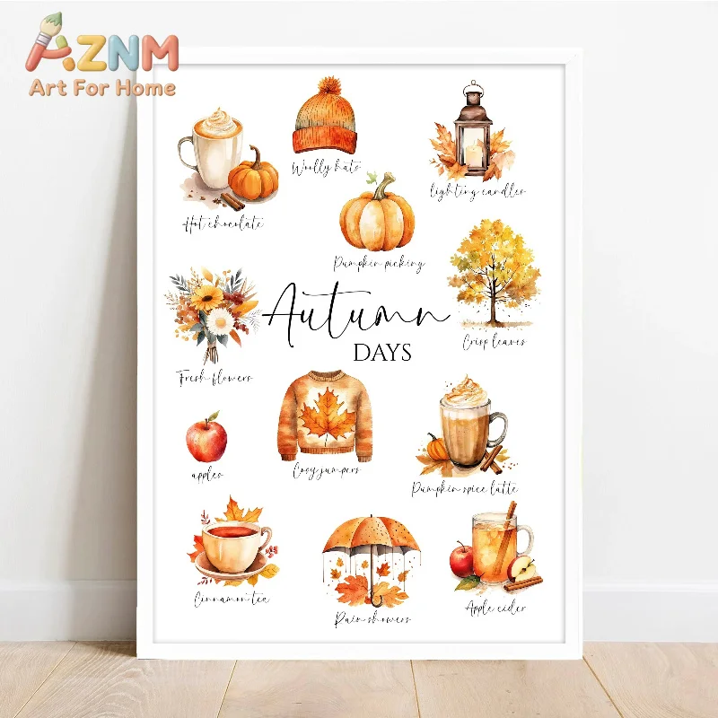 AZNM Watercolor Pumpkin Book Maple Leaf Autumn Quote Canvas Wall Art, Warm Fall Season Frameless Canvas Print Poster for Bedroom