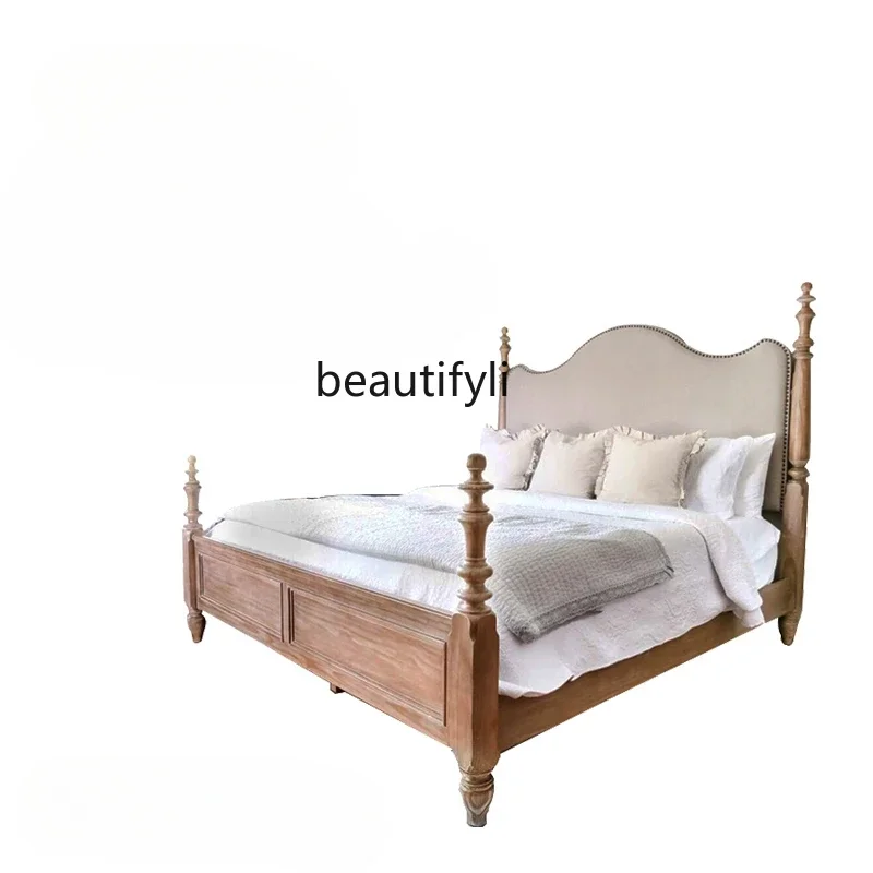 

A15 American Double Bed 1.8 M Master Bedroom French Retro Leather Bed Fabric Oak Solid Wood Bed