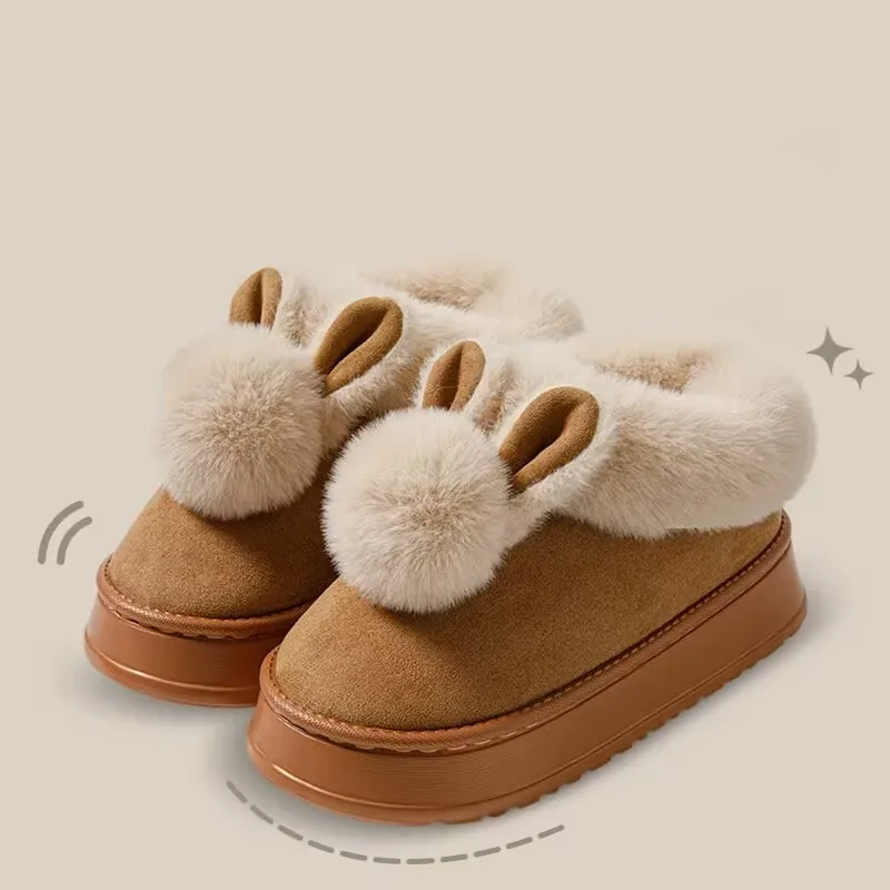 2024 Rabbit Ears Plush Warm Slippers Winter Women Thicken Cotton Shoes Sweet Girls Casual Non-slip Slippers Warm Cotton Shoes