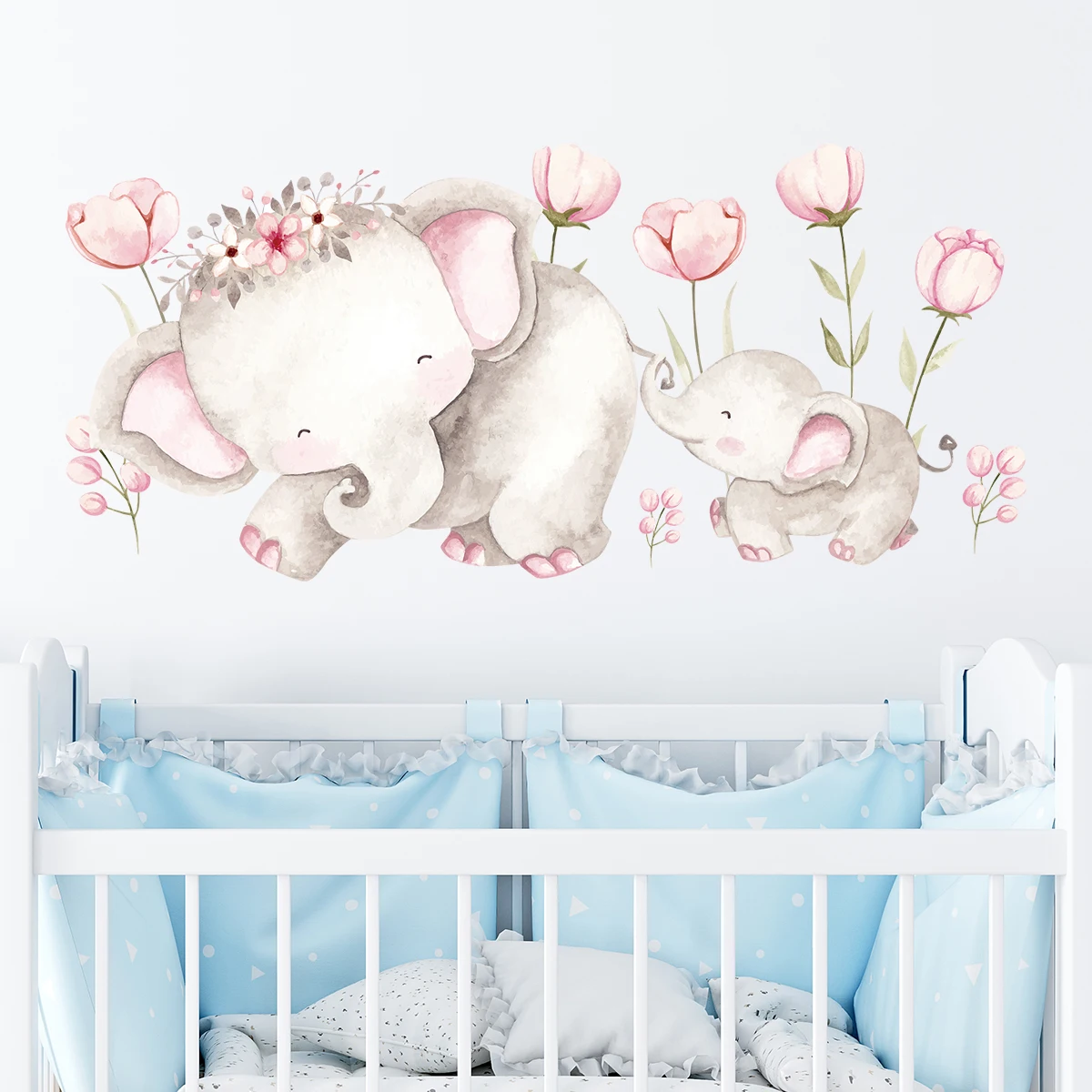 Cartoon Cute Family Elephant Flower Wall Stickers for Kids Room Baby Nursery Home Decor Living Room Children Bedroom Decoration