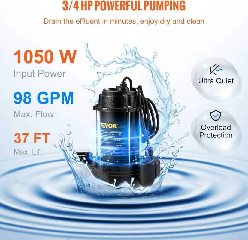 VEVOR 3/4 HP, 5880 GPH Submersible Sump Pump, Wear-proof Cast Iron Construction, with Tethered Float Switch, 10 FT Power Cord