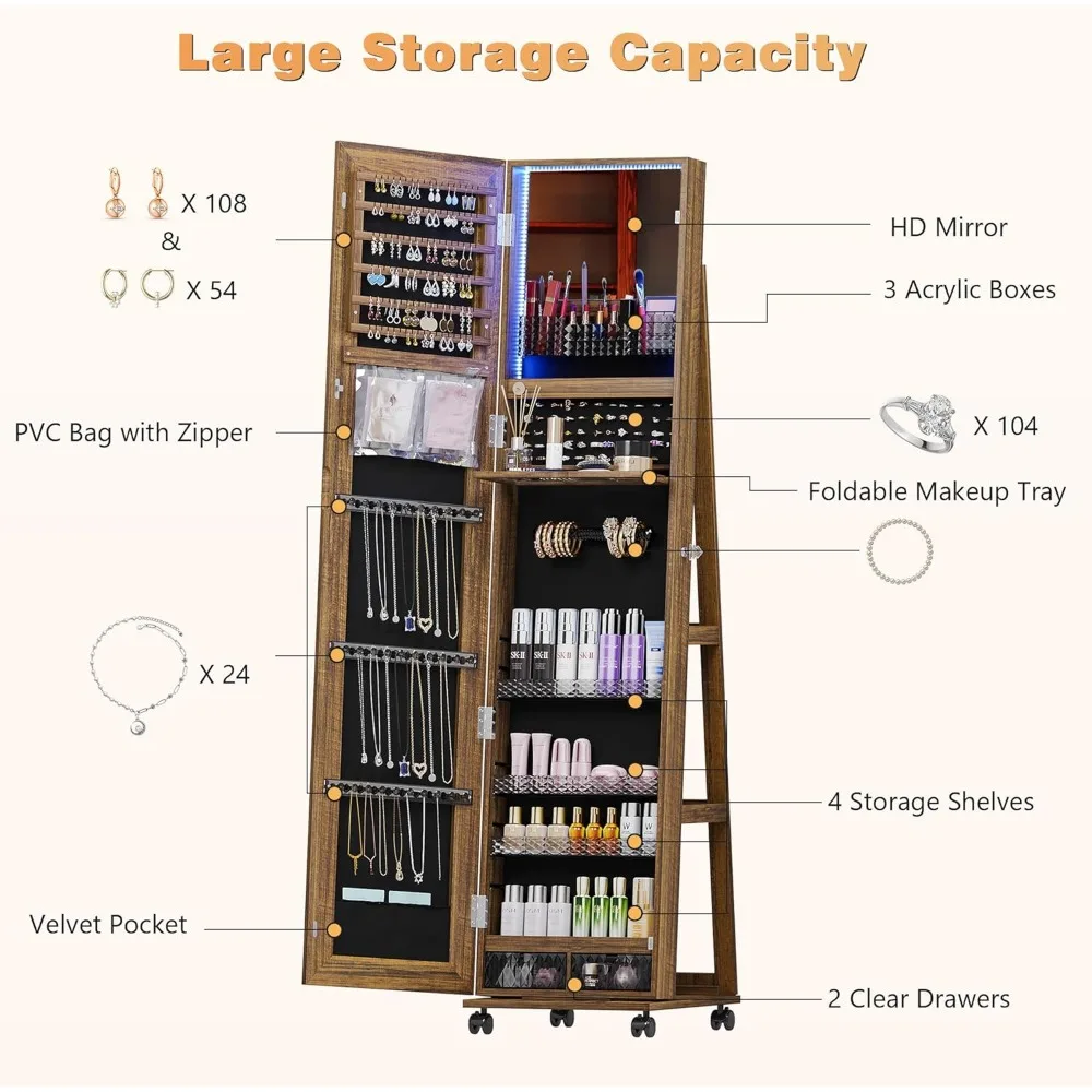 360° Rotating Jewelry Armoire, Full Length Mirror Large Capacity 3 Color Dimmable Jewelry Organizer Armoire, Lockable Standing
