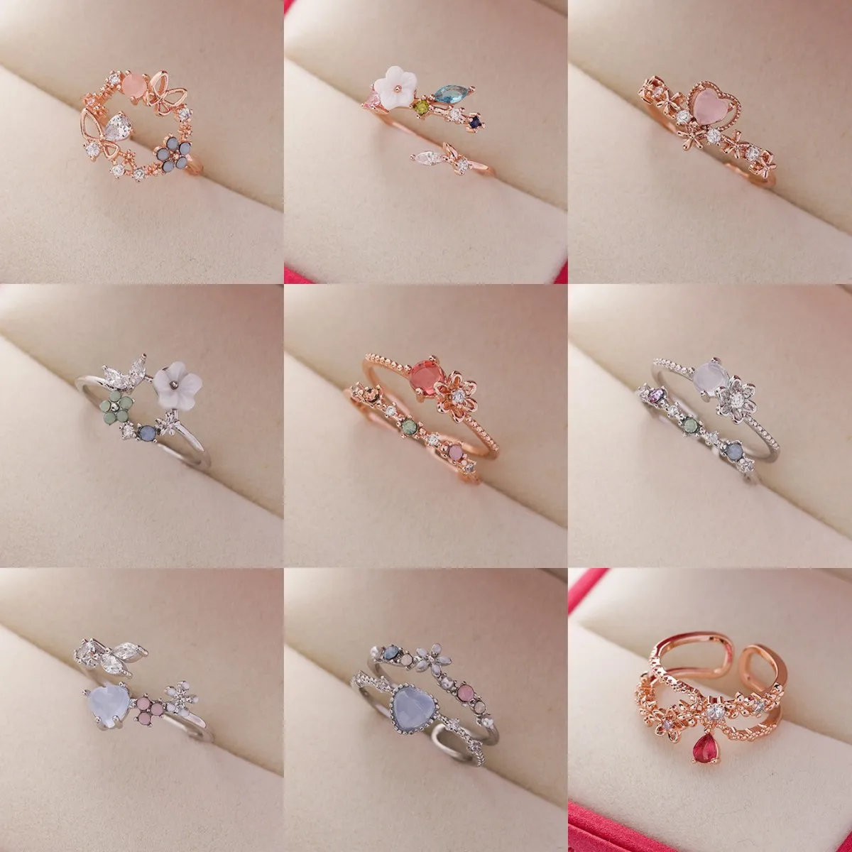 Delicate Crystal Zircon Rings for Women Sweet Flower Leaf Butterfly Adjustable Open Rings Wedding Engagement Jewelry Gift