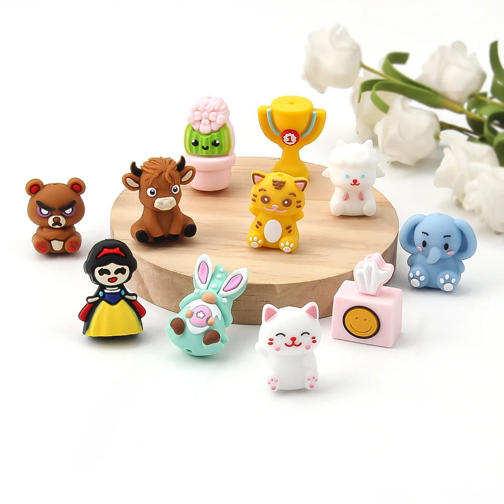 3/6/10PCS 3D Silicone Beads Cartoon Animal Cow Elephant Focal Beads For Pens Jewelry Keychains Hanging Craft Gift Beads