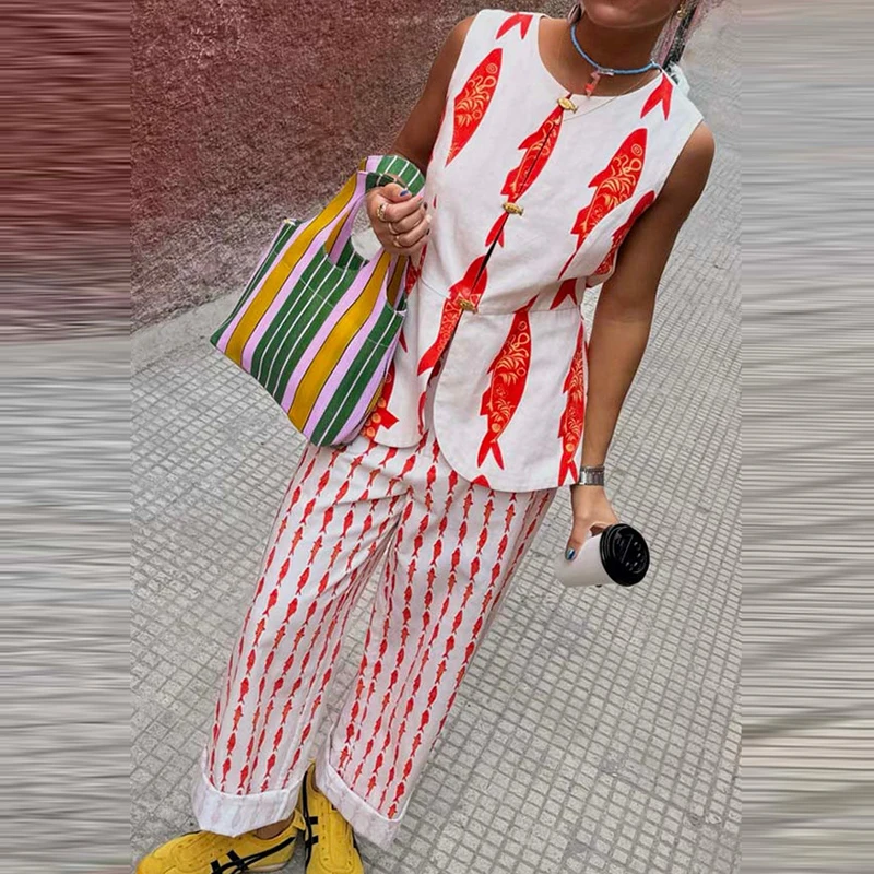 

Leisure Contrast Color Outfits Summer New Animal Printed Slim Two Piece Sets Fashion Sleeveless O Neck Vest+Straight Pants Sets