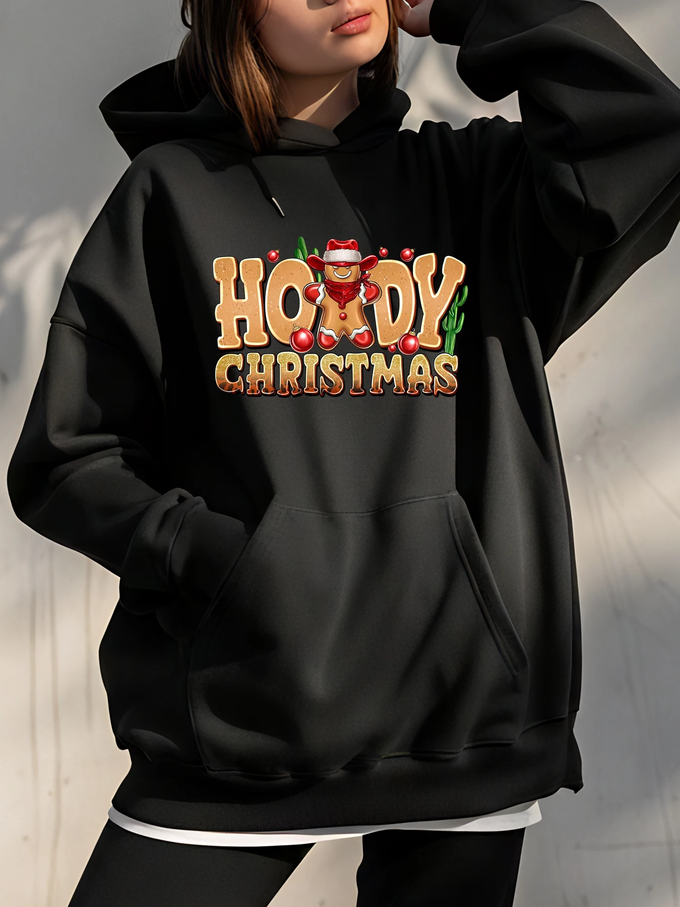 

Рождественская толстовка с капюшоном Рождественский принт Повседневный стиль Колобок Дизайн Женская мода Праздничная одежда Уличная одежда