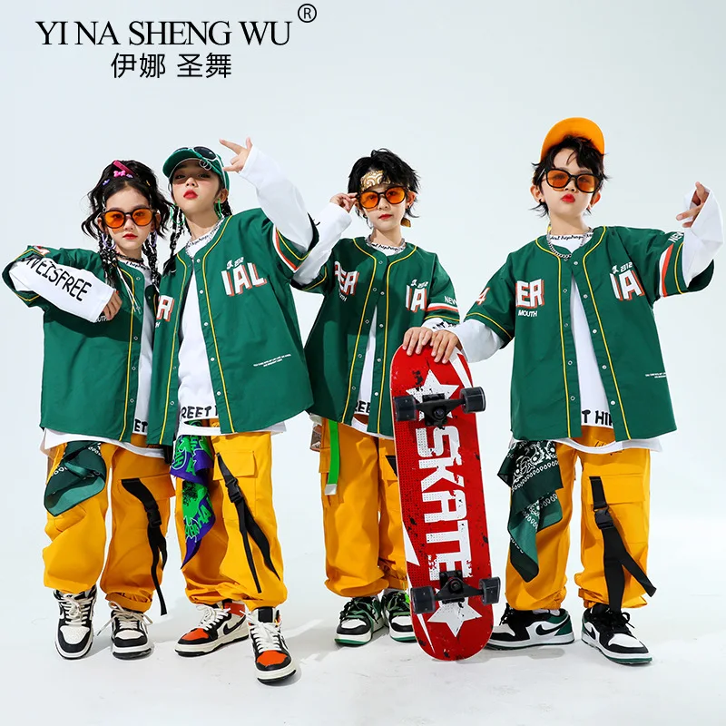 Hip Hop Boys Fashion Baseball Jacket Solid Cargo Pants Girls Cool Streetwear Children Jazz Clothes Set Kids Street Dance Costume