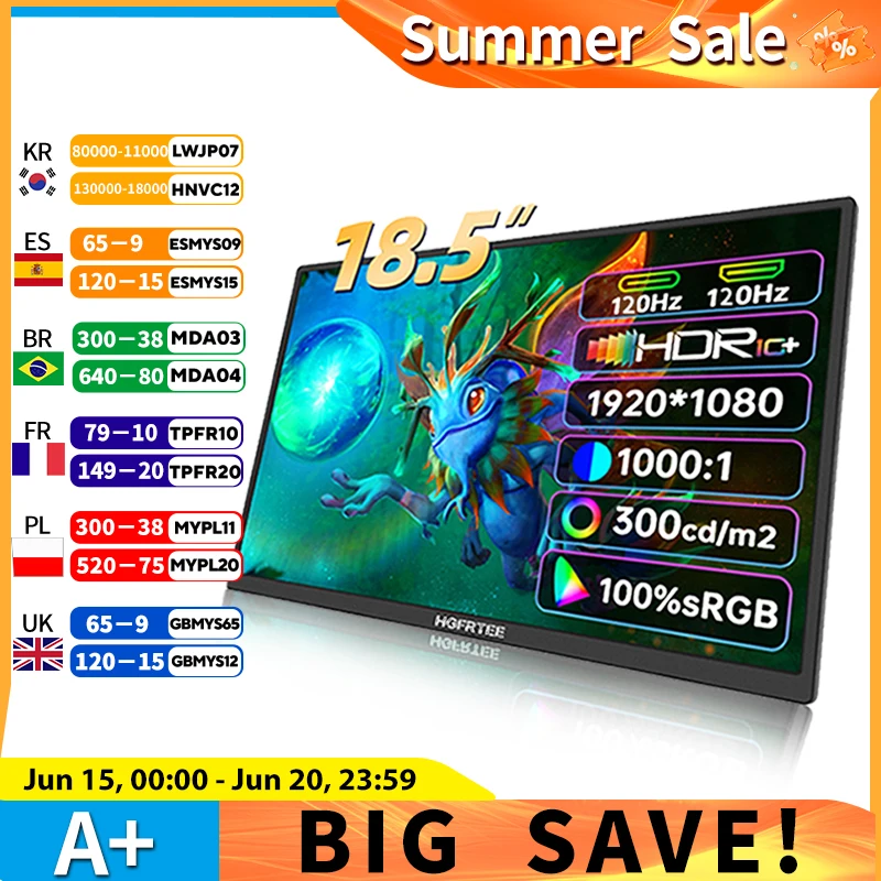 

HGFRTEE 18.5inch Portable Monitor ADS-IPS 120Hz RGB100% Extended Display Laptop Second Screen With VESA Hole&Stand
