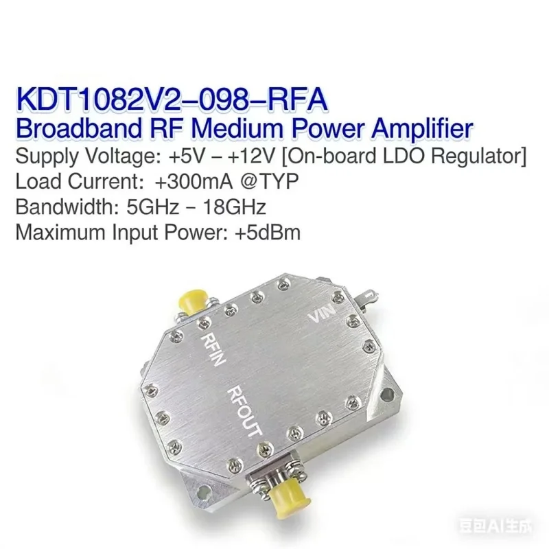 

Electronic radio frequency module, high-power driver amplifier, wideband amplifier with 20dB gain