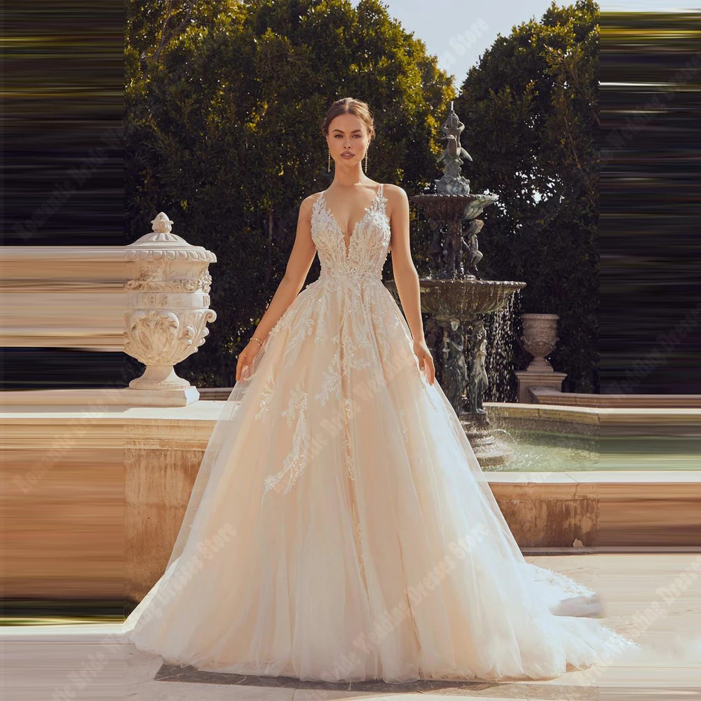 

Bright V-Neck A-Line Women Wedding Dresses Sweetheart collar Tulle Bridal Gowns Mopping Length Party Vestido De Novia Customized