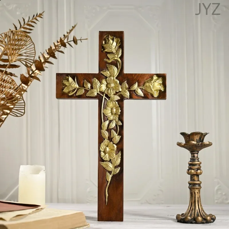 

High Quality Religious vintage Wooden Carved Rose Cross Decorative ,Art Hanging on Wall Decor