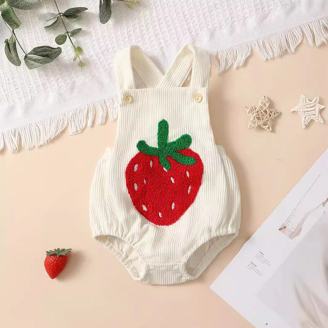 Cute and Cozy Towel Embroidered Strawberry Corduroy Camisole for Babies and Girls