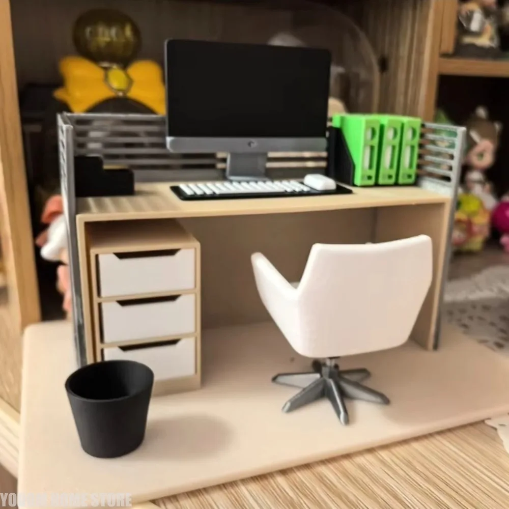 1/12 Scale Miniature Office Scene Model Set - File Cabinet Computer Desk and Chair Home Workspace Decorative Decoration