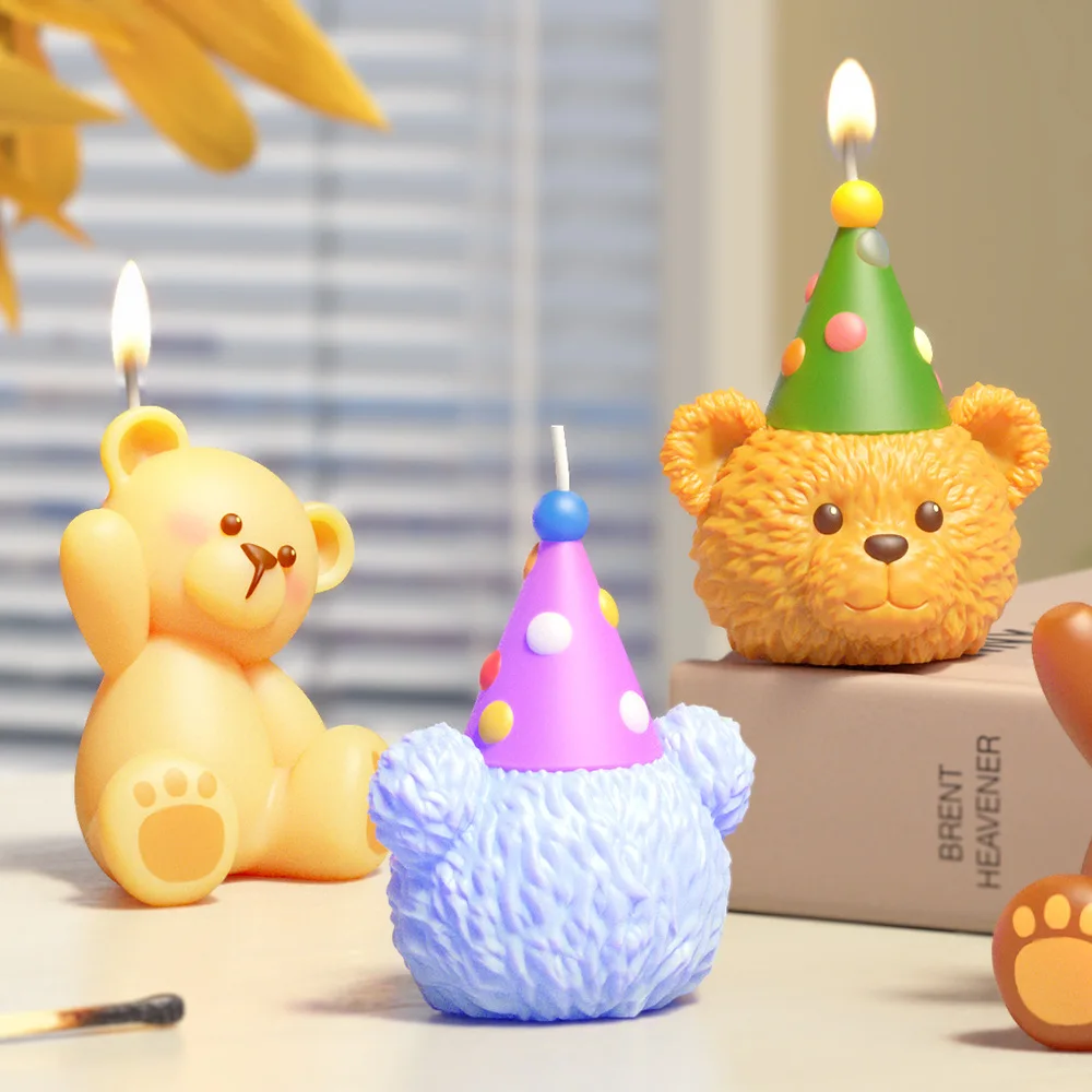 Cartoon Teddy Bear Silicone Candle Mold Beckon Sitting Animal Resin Mould Party Scented Decor 3D Taper Hat Gypsum Birthday Gifts