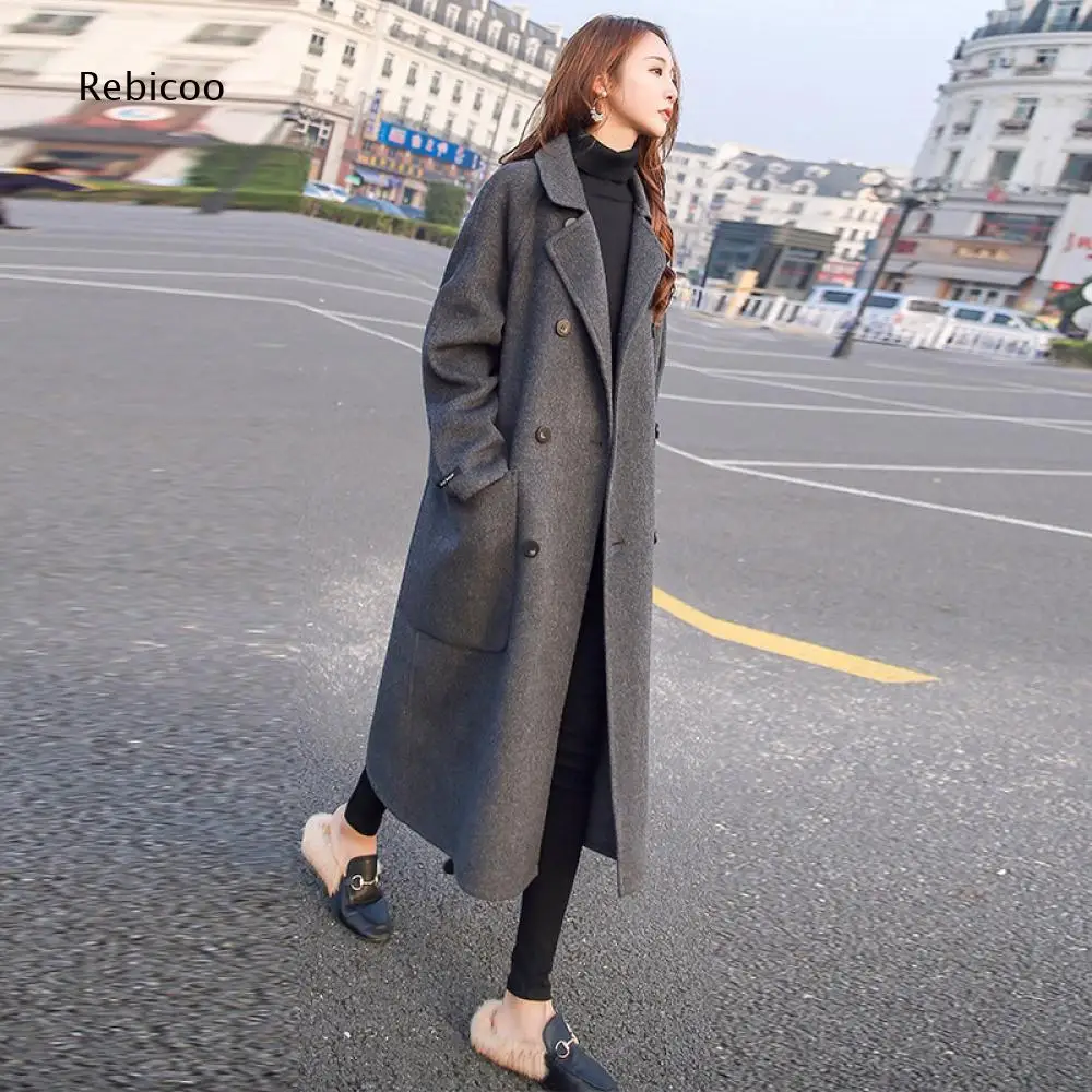 Casual Women Long Length Winter Overcoat Lapel Double Breasted Design Large Side Pockets Loose Fit Solid Daily Outerwear Coat