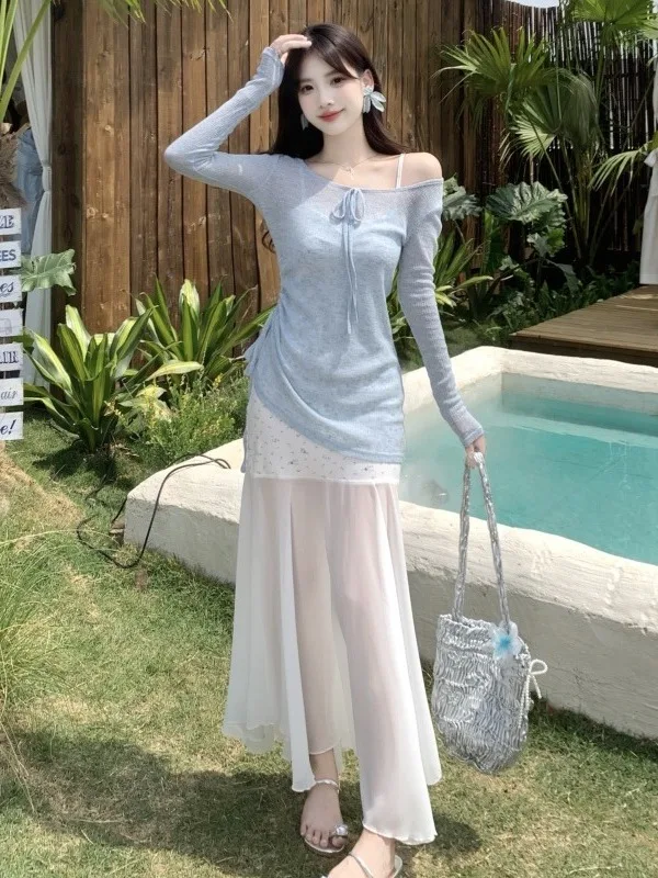 

plus Size Pure Desire Style Set Summer New Sun Protection Cover up Top Lace Splicing Floral Halter Dress A-Line Skirt Long Sl...