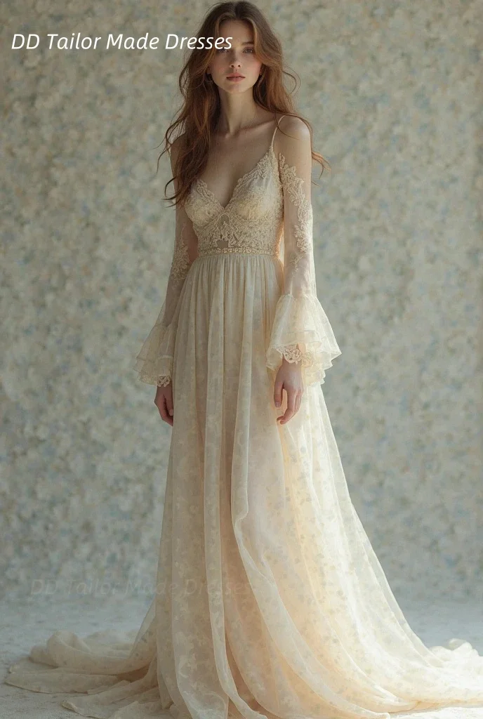 

Beige Boho Wedding Dress Spaghetti Straps A-Line Long Lace Bridal Gowns With Detachable Sleeves V-Neck Customized Vestidos