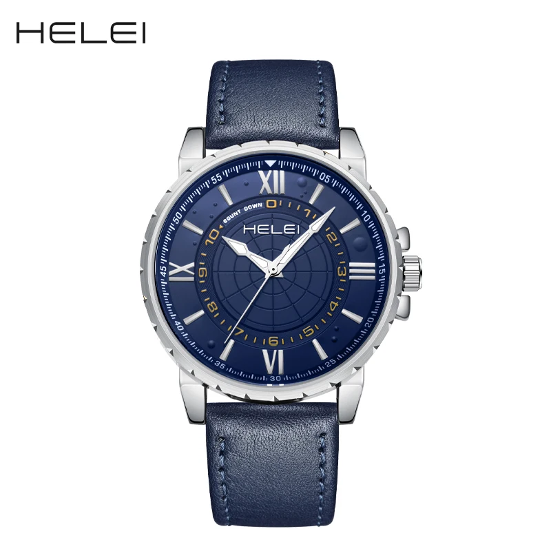 

HELEI Fashion new sports casual quartz watch date genuine leather strap men's wristwatch