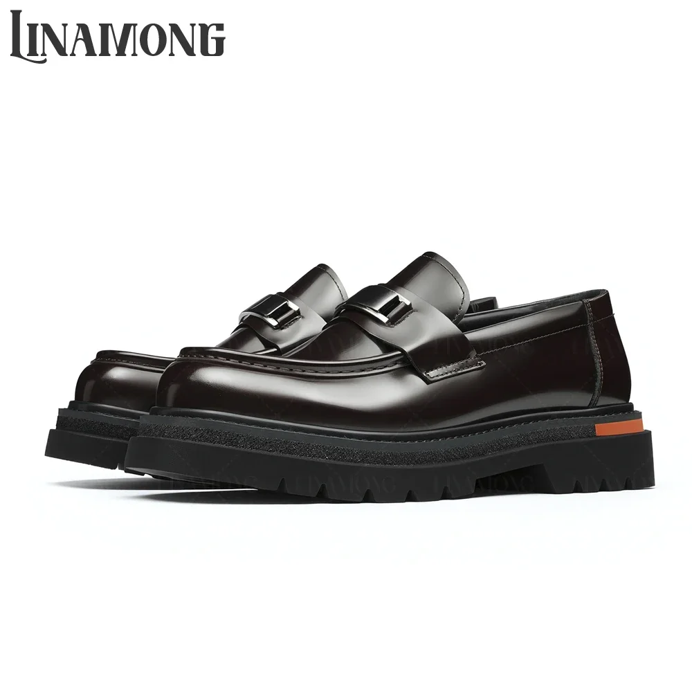 

Glossy Leather Loafers Round Toe Slip on Comfortable Business Casual Shoes Metallic Square Buckle Elegant Business Dress Shoes
