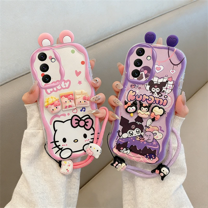 3D-чехол для телефона Sanrio Kuromi с ушками котенка для Realme C35 C33 C30 C21 C25Y C20 C11 C12 C25 C15 C11 C17 с ремешком на запястье, мультяшный дизайн