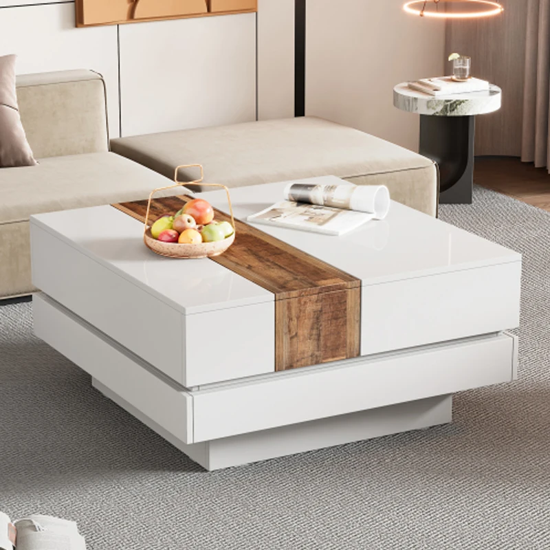 ON-TREND 31.4'' x 31.4'' Square Coffee Table with Sliding Tabletop, High Gloss Center Table with Hidden Storage Compartment