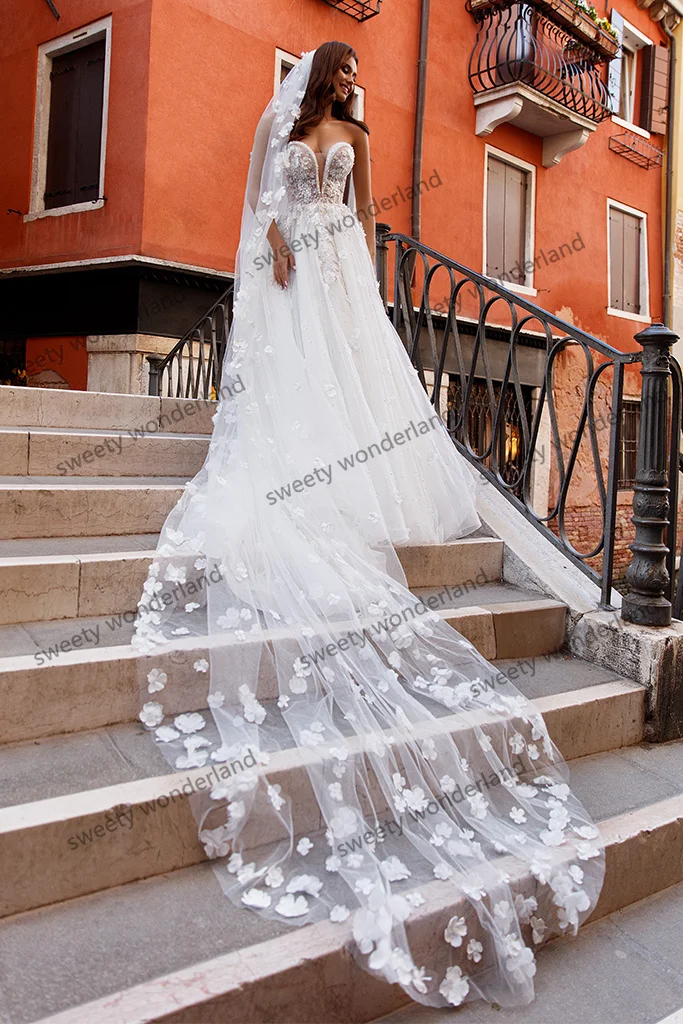 Vestido de novia de princesa con estampado Floral 3D, traje de novia de tul de hada con velo, blanco, escote Corazón, línea A