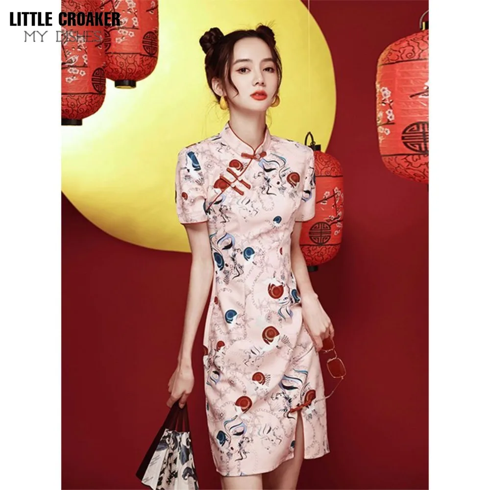 

Chinese Ladies Qipao Cheongsam 2023 New Summer Fashion Modified Young Chinese Girls Short Daily Wearable Dress Women