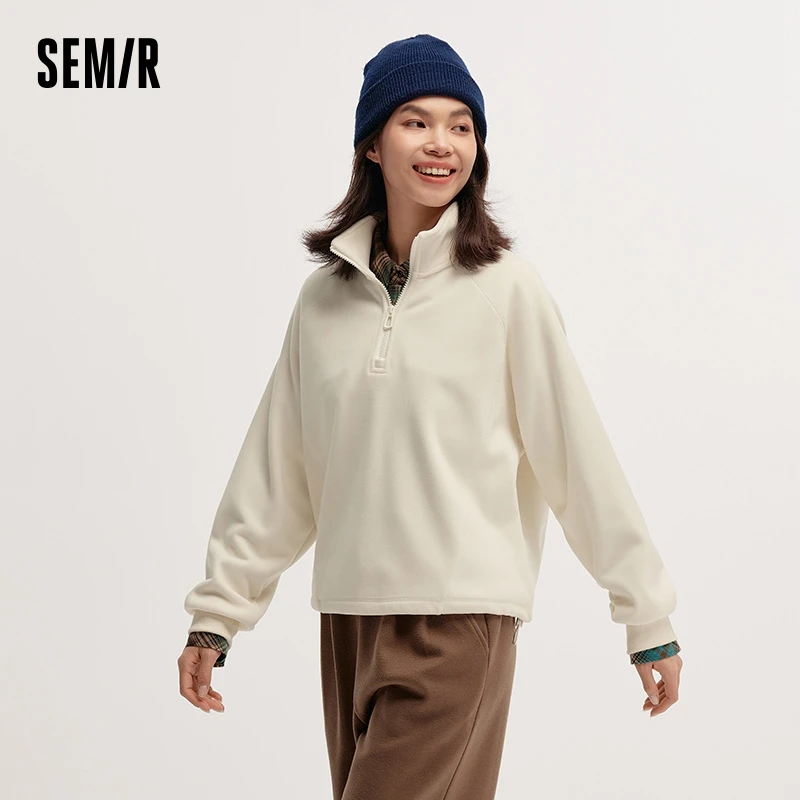 Semir Sweater Women Polar Fleece Stand-Up Collar Raglan Sleeve 2024 New Winter Loose Drawstring Top