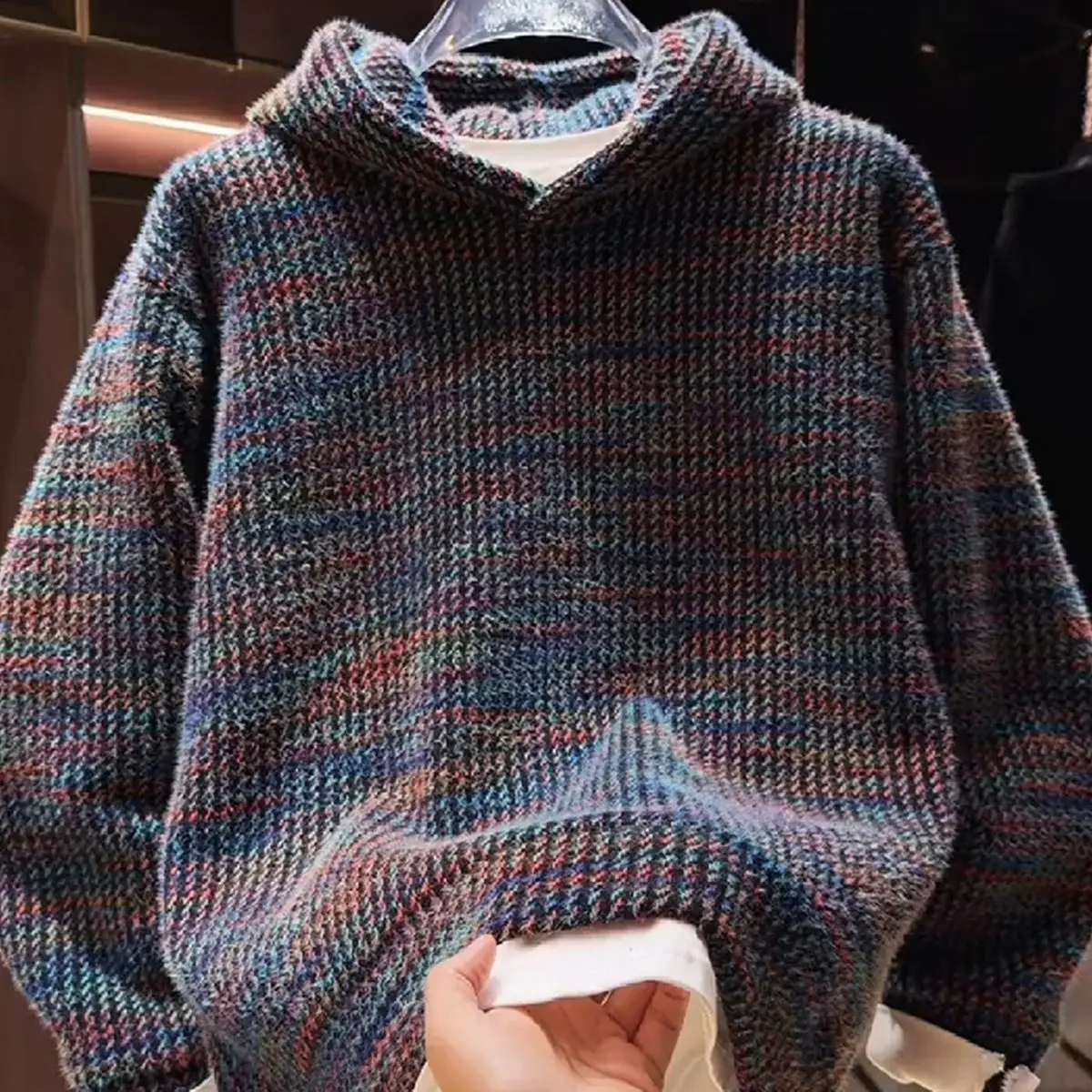 Spring Autumn Heavyweight Knitted Hoodie Men's Trendy Color Block Loose Casual Top for Couples Comfortable Long Sleeve Sweats...