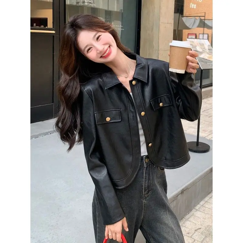 

Black Leather Jacket Women's Spring and Autumn Short Style New Retro High Waist Pu Leather Jacket
