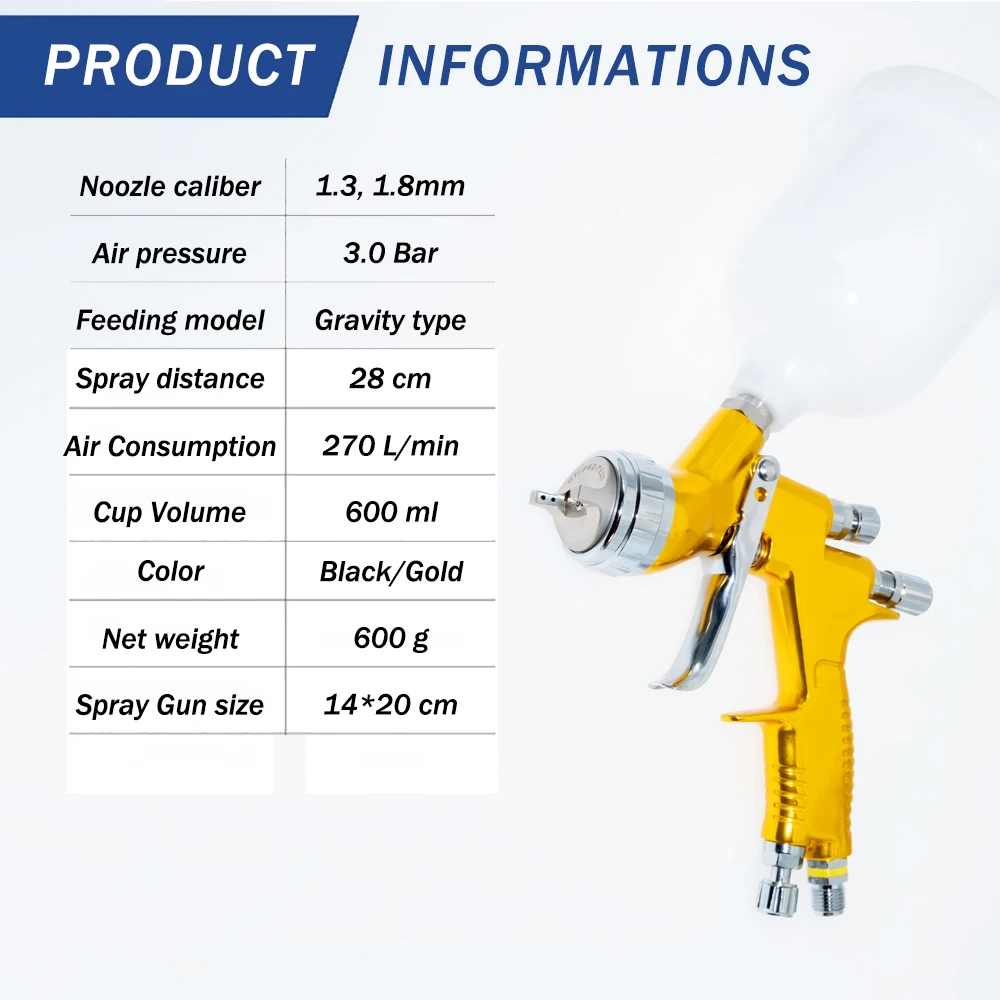 High Quality Spray Gun For Cars 1.3/1.8mm Nozzle Gold Painting Gun With Mixing Cup Water Based Air Spray Gun Airbrush