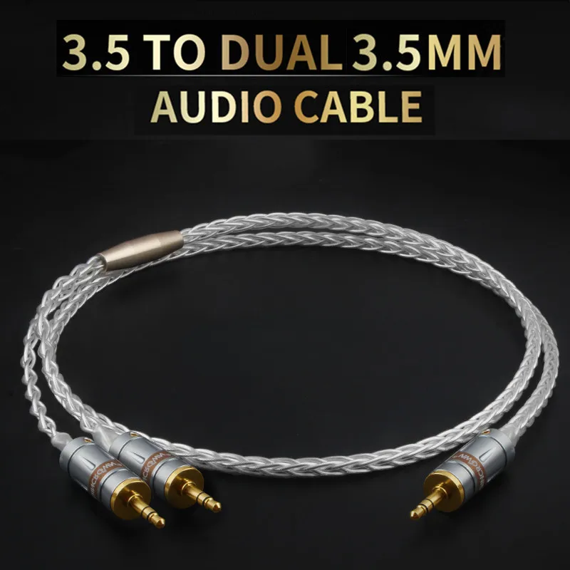 QINCROWN 3.5mm to Dual 3.5mm Jack 1 in 2 Audio Cable HiFi Single Crystal Silver Computer Phone Speaker Connecting Cables
