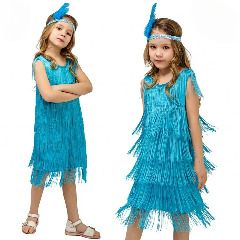 Traje de baile latino Vintage para niñas, vestido elegante con flecos, traje de fiesta, espectáculos de escenario escolar, Ropa de baile para competiciones de baile