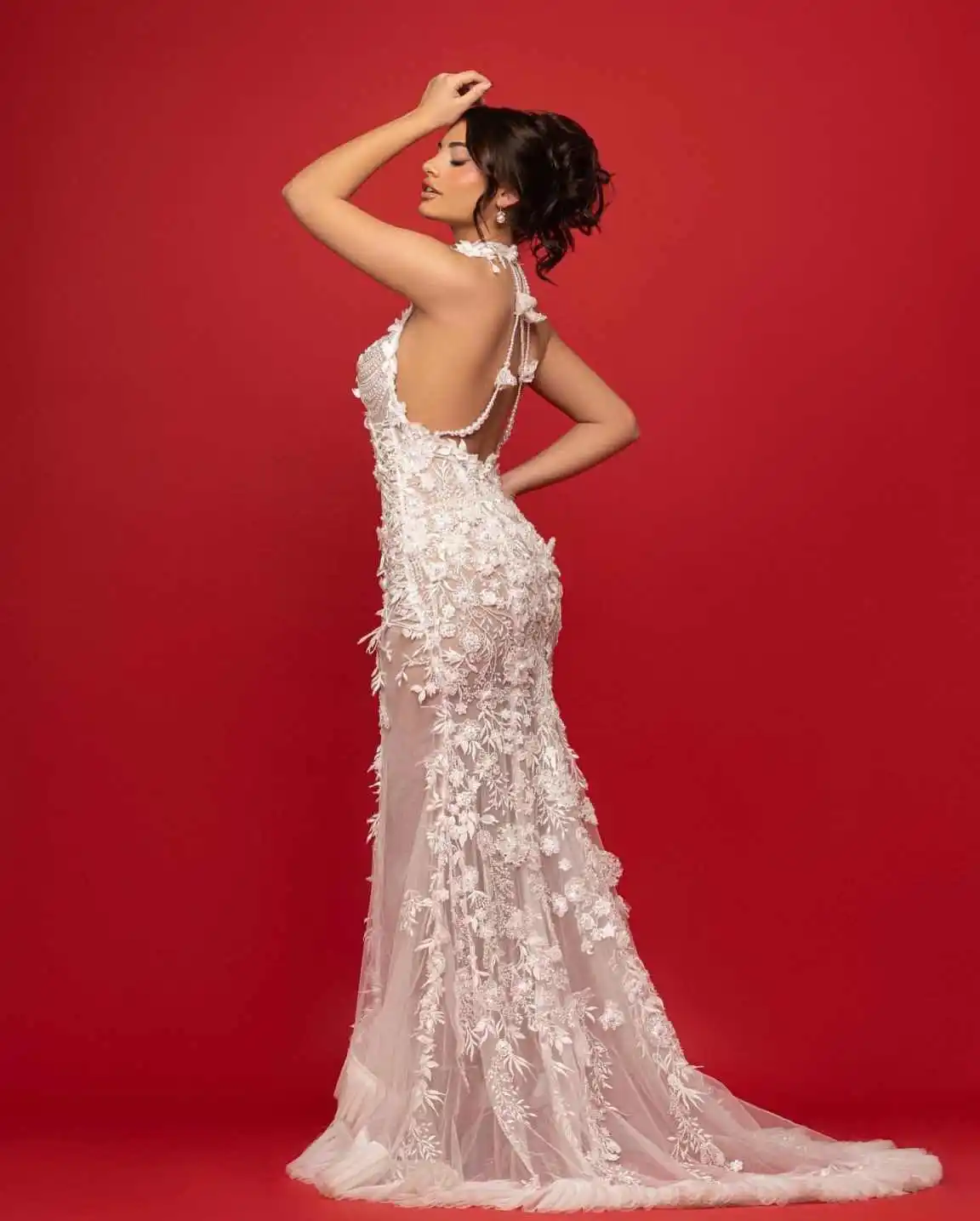 Splendidi abiti da sposa a sirena Halter Backless senza maniche Appliques Bead Party Abiti da sposa Vestido De Novia personalizzato