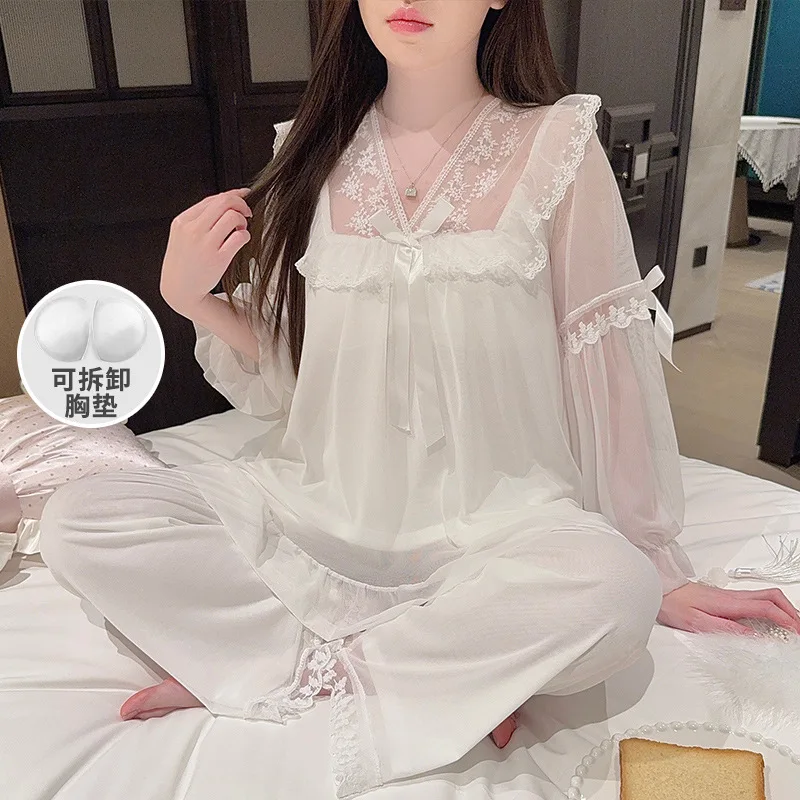 Spring Autumn New Women Simple Light Luxury Fashion Skin Friendly Comfort Mesh Splicing Pajamas Princess Home Furnishing Set