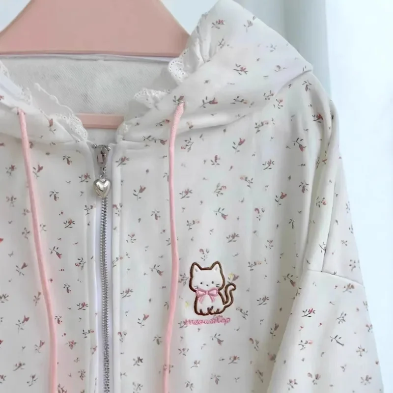 Harajuku Y2K Cat Floral Hoodie Jacket Korean Kawaii Hooded Coat Zipper Jacket Women Cardigan Loose Long Sleeve Thin Top Tee New